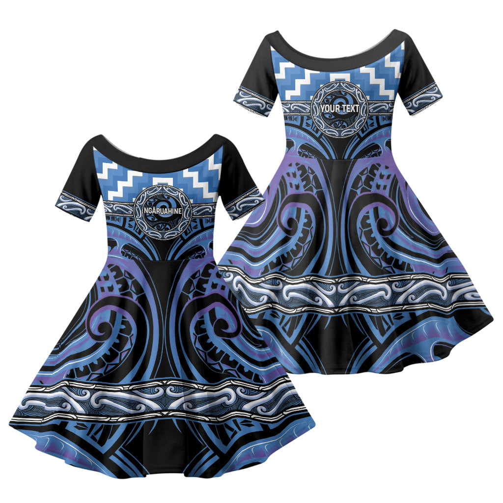 Aotearoa Ngaruahine Personalised Family Matching Long Sleeve Bodycon Dress and Hawaiian Shirt Maori Iwi Poutama Puhoro Tattoo LT14 Daughter's Dress Blue - Polynesian Pride