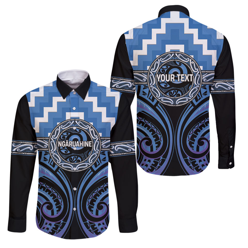 Aotearoa Ngaruahine Personalised Family Matching Short Sleeve Bodycon Dress and Hawaiian Shirt Maori Iwi Poutama Puhoro Tattoo LT14 Dad's Shirt - Long Sleeve Blue - Polynesian Pride
