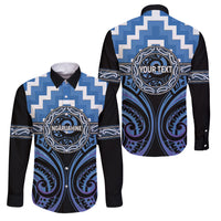 Aotearoa Ngaruahine Personalised Family Matching Summer Maxi Dress and Hawaiian Shirt Maori Iwi Poutama Puhoro Tattoo LT14 Dad's Shirt - Long Sleeve Blue - Polynesian Pride