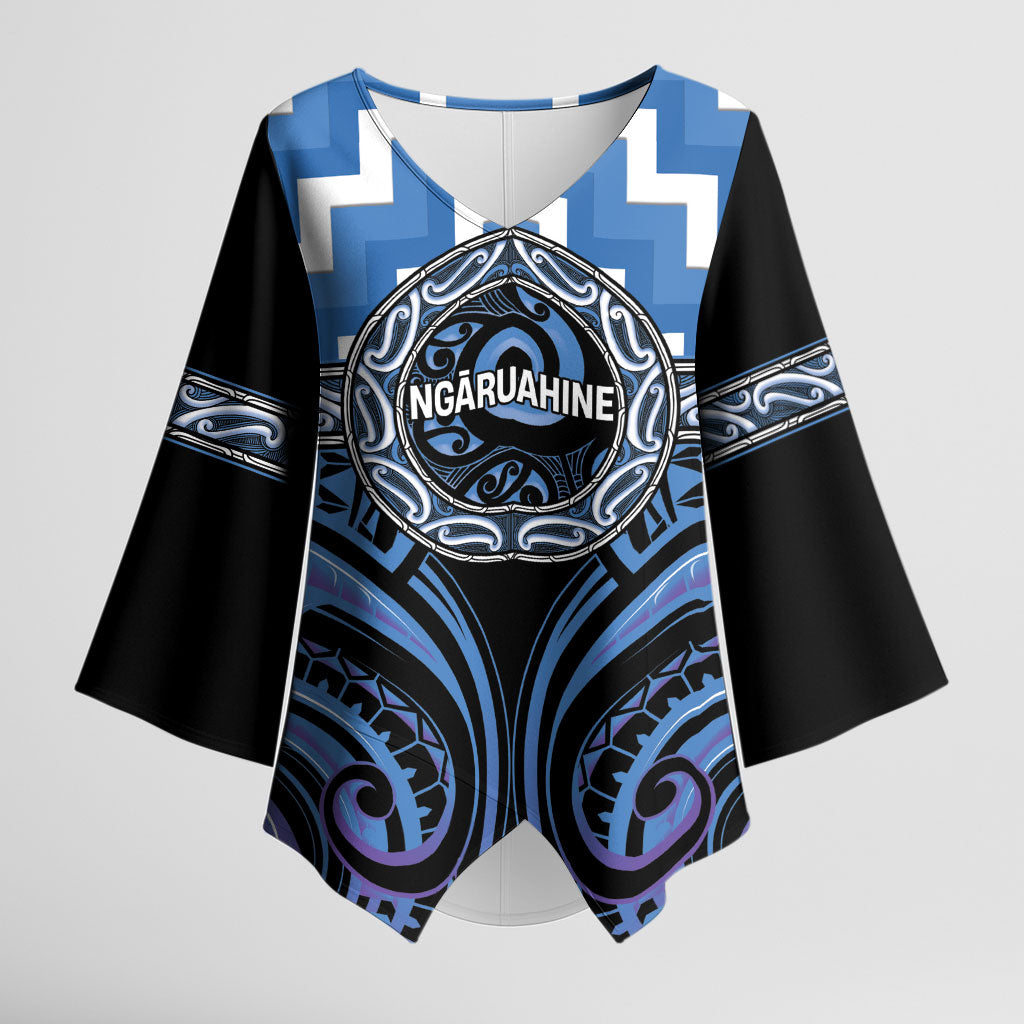 Aotearoa Ngaruahine Personalised Kimono Sleeve Blouse Maori Iwi Poutama Puhoro Tattoo LT14 Female Blue - Polynesian Pride