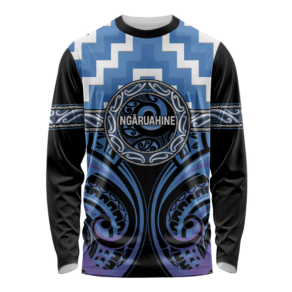Aotearoa Ngaruahine Personalised Long Sleeve Shirt Maori Iwi Poutama Puhoro Tattoo LT14 Unisex Blue - Polynesian Pride