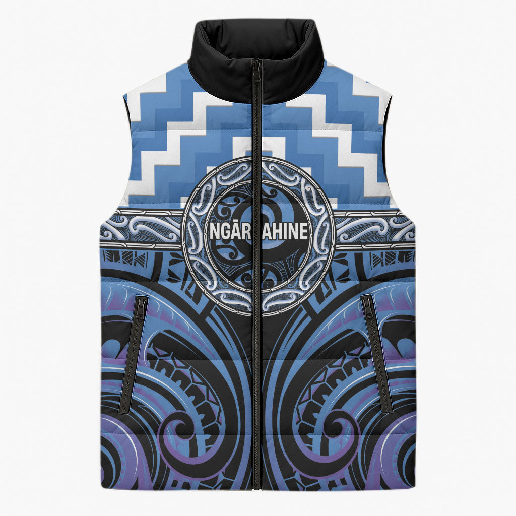 Aotearoa Ngaruahine Personalised Sleeveless Puffer Jacket Maori Iwi Poutama Puhoro Tattoo LT14 Unisex Blue - Polynesian Pride