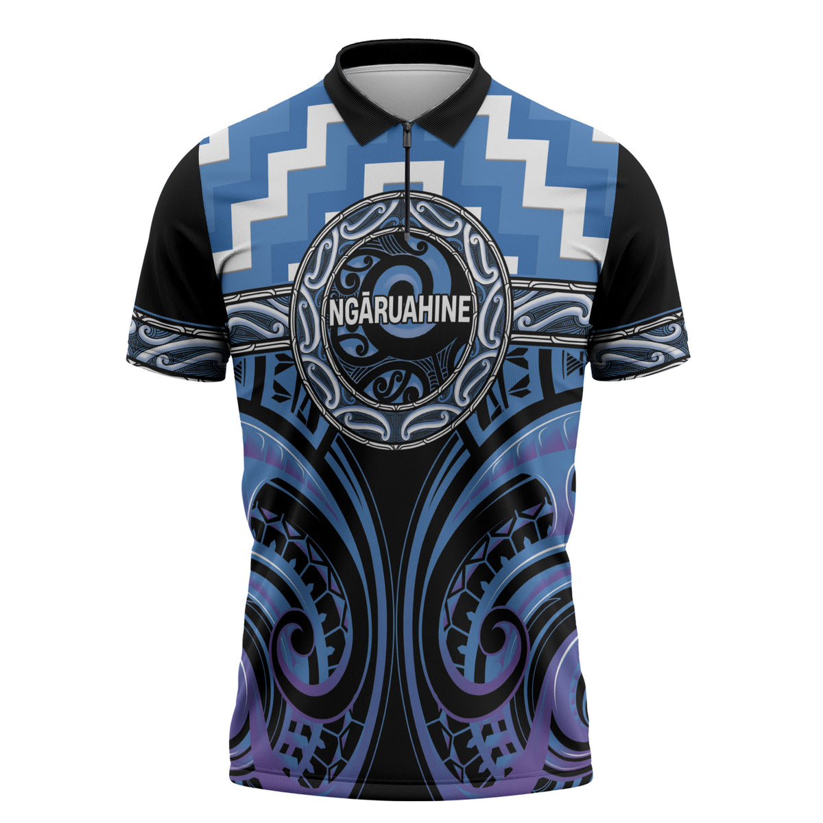 Aotearoa Ngaruahine Personalised Zipper Polo Shirt Maori Iwi Poutama Puhoro Tattoo LT14 Blue - Polynesian Pride
