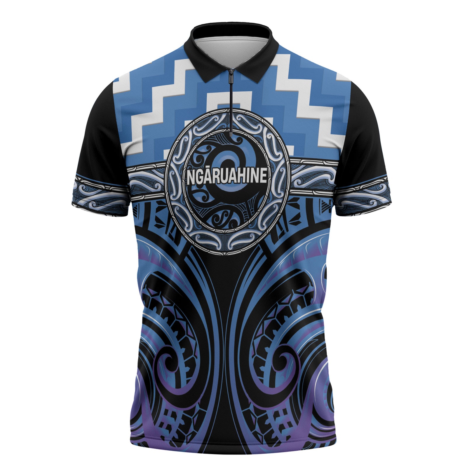 Aotearoa Ngaruahine Personalised Zipper Polo Shirt Maori Iwi Poutama Puhoro Tattoo LT14 Blue - Polynesian Pride