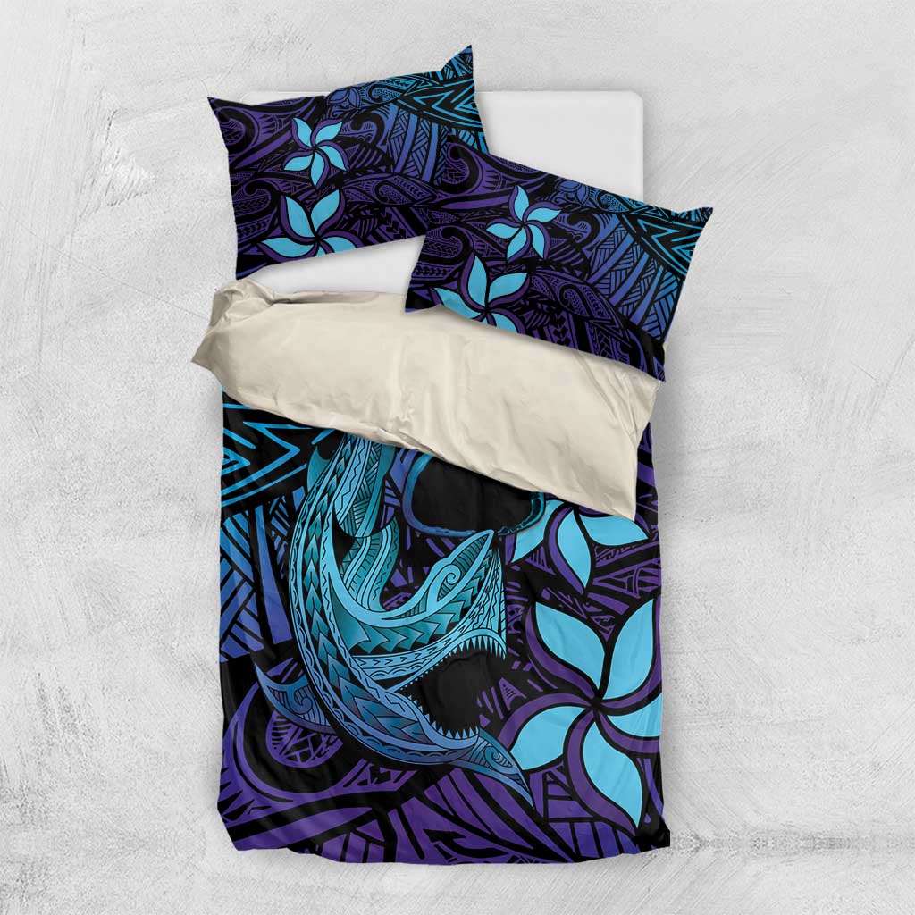Nukuoro Atoll Bedding Set Polynesian Shark Tattoo Purple Gradient Vibes