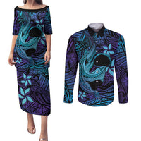 Nukuoro Atoll Couples Matching Puletasi and Long Sleeve Button Shirt Polynesian Shark Tattoo Purple Gradient Vibes LT14 Purple - Polynesian Pride