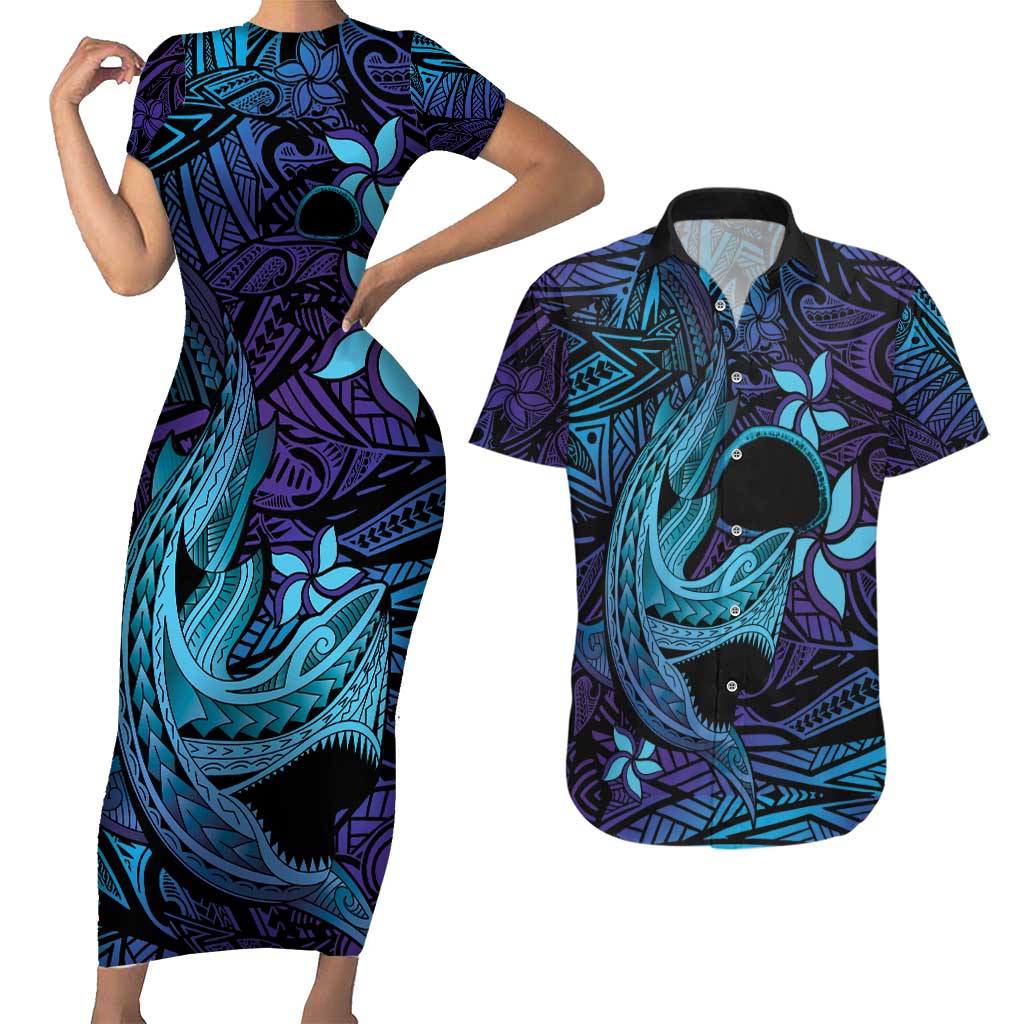 Nukuoro Atoll Couples Matching Short Sleeve Bodycon Dress and Hawaiian Shirt Polynesian Shark Tattoo Purple Gradient Vibes