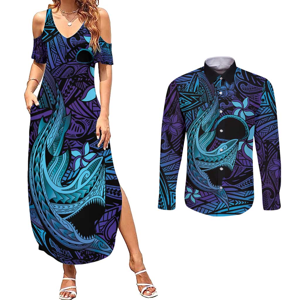 Nukuoro Atoll Couples Matching Summer Maxi Dress and Long Sleeve Button Shirt Polynesian Shark Tattoo Purple Gradient Vibes LT14 Purple - Polynesian Pride