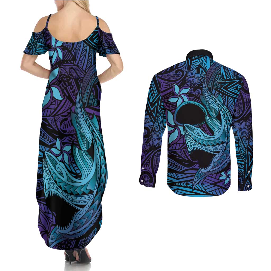 Nukuoro Atoll Couples Matching Summer Maxi Dress and Long Sleeve Button Shirt Polynesian Shark Tattoo Purple Gradient Vibes LT14 - Polynesian Pride