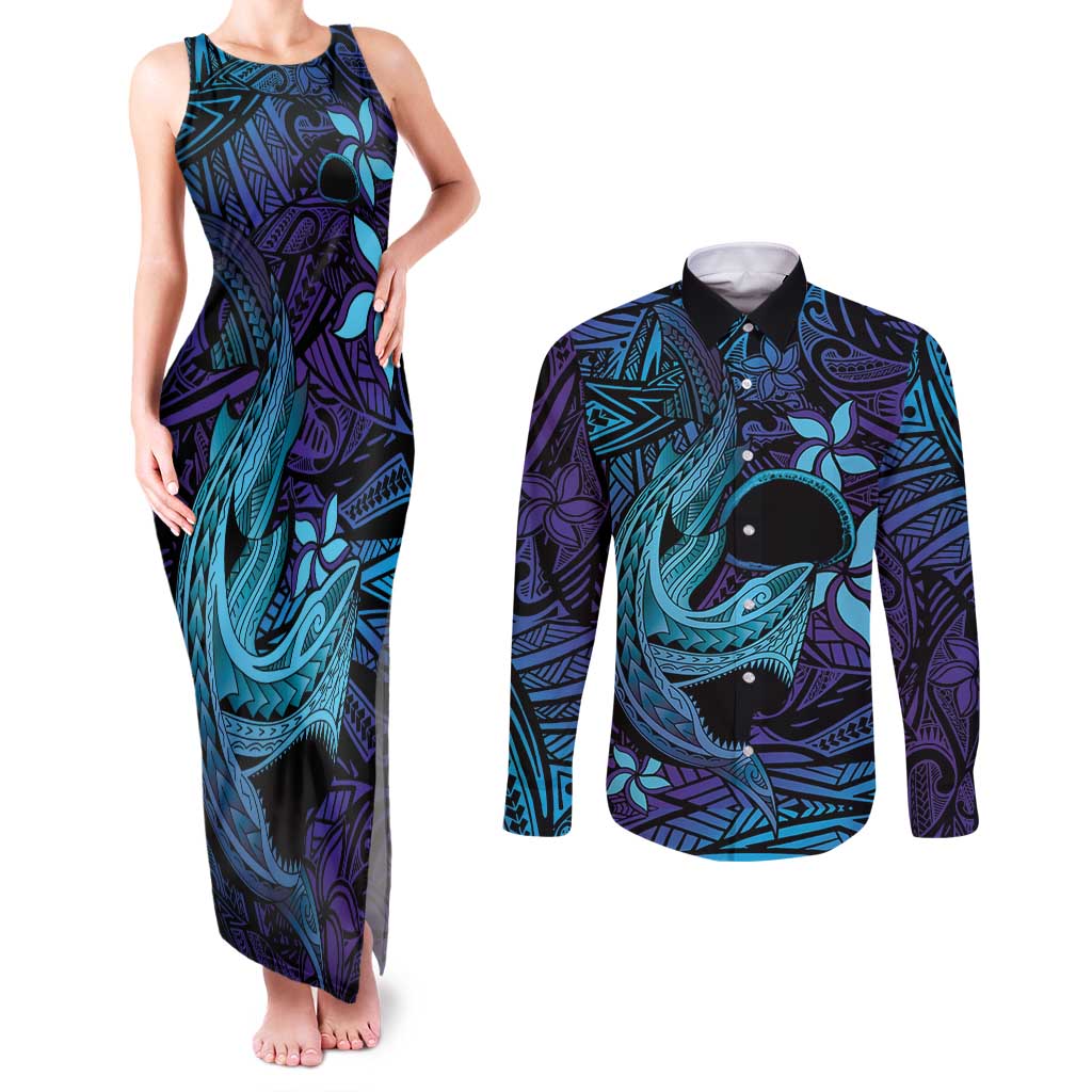 Nukuoro Atoll Couples Matching Tank Maxi Dress and Long Sleeve Button Shirt Polynesian Shark Tattoo Purple Gradient Vibes