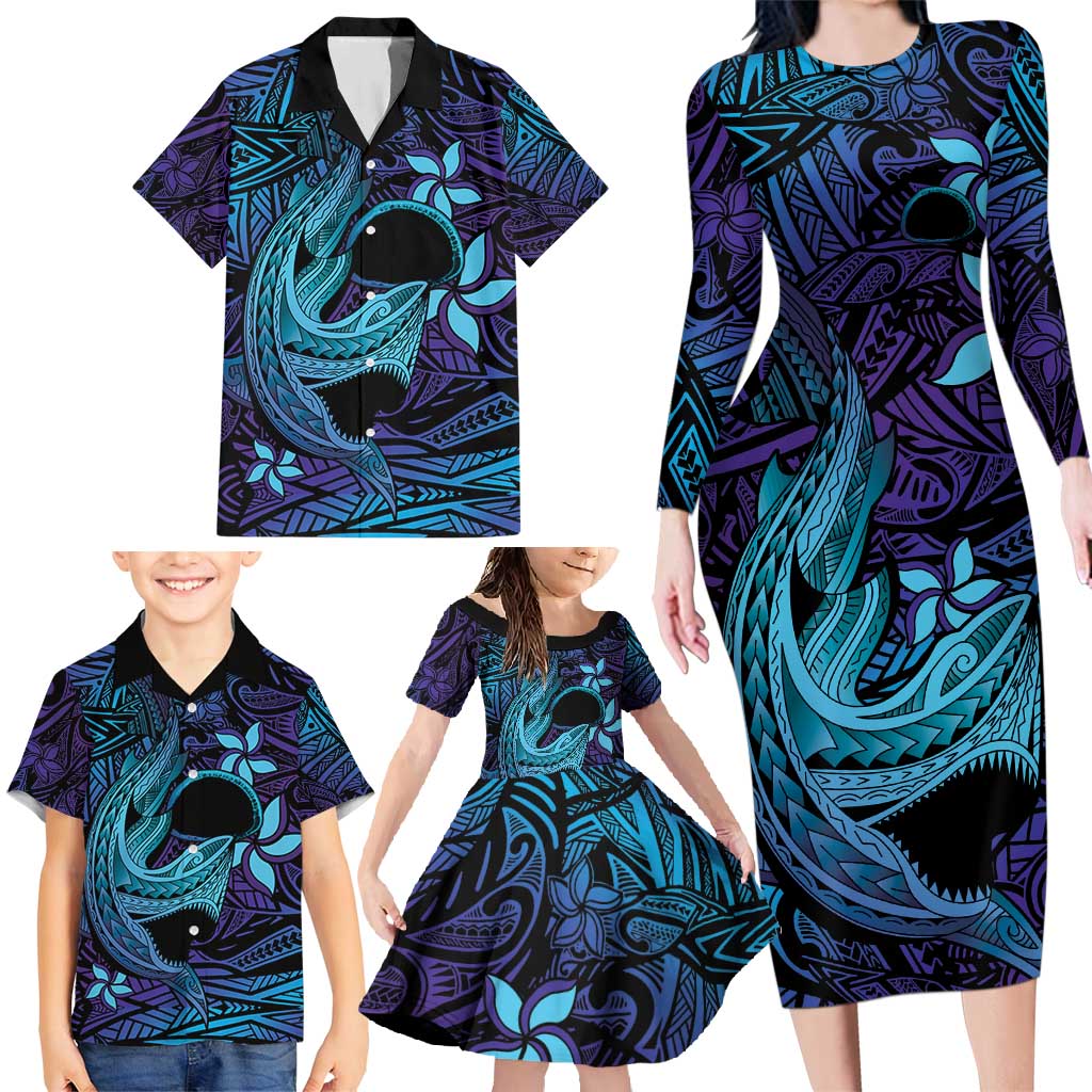 Nukuoro Atoll Family Matching Long Sleeve Bodycon Dress and Hawaiian Shirt Polynesian Shark Tattoo Purple Gradient Vibes