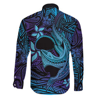 Nukuoro Atoll Family Matching Long Sleeve Bodycon Dress and Hawaiian Shirt Polynesian Shark Tattoo Purple Gradient Vibes