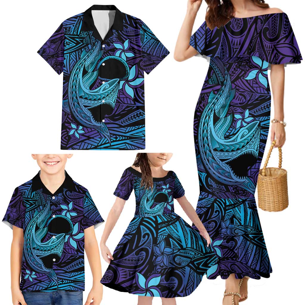 Nukuoro Atoll Family Matching Mermaid Dress and Hawaiian Shirt Polynesian Shark Tattoo Purple Gradient Vibes