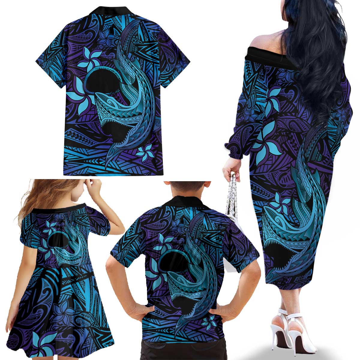 Nukuoro Atoll Family Matching Off The Shoulder Long Sleeve Dress and Hawaiian Shirt Polynesian Shark Tattoo Purple Gradient Vibes