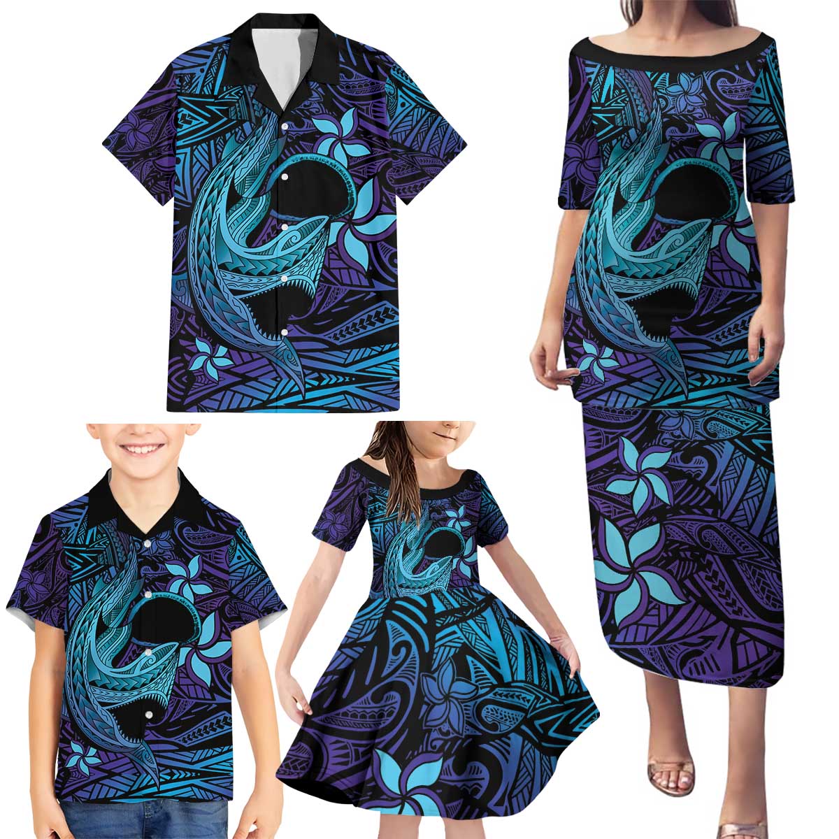 Nukuoro Atoll Family Matching Puletasi and Hawaiian Shirt Polynesian Shark Tattoo Purple Gradient Vibes