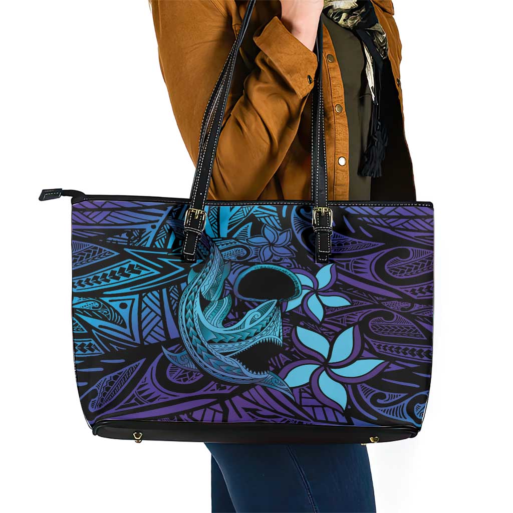 Nukuoro Atoll Leather Tote Bag Polynesian Shark Tattoo Purple Gradient Vibes LT14 - Polynesian Pride