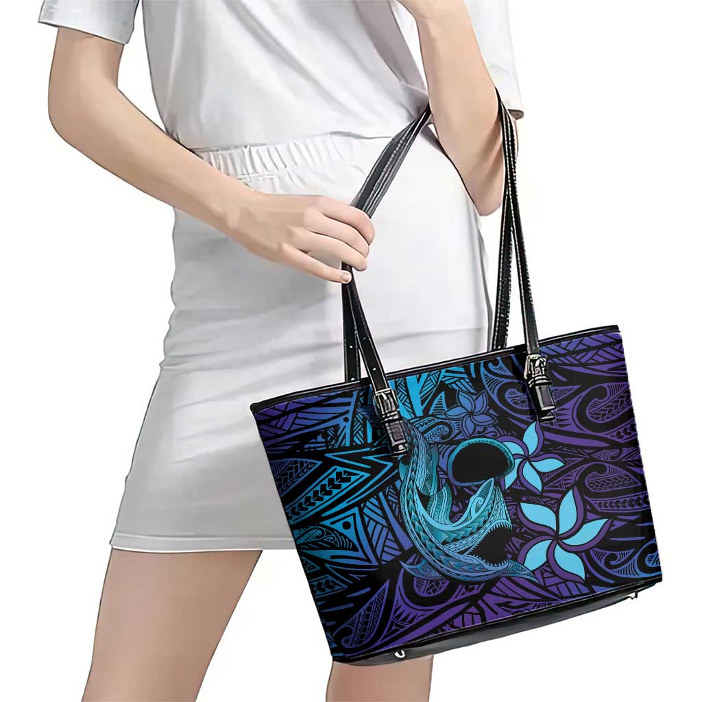 Nukuoro Atoll Leather Tote Bag Polynesian Shark Tattoo Purple Gradient Vibes LT14 - Polynesian Pride