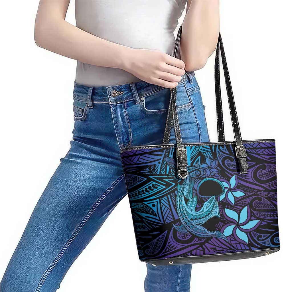 Nukuoro Atoll Leather Tote Bag Polynesian Shark Tattoo Purple Gradient Vibes LT14 - Polynesian Pride