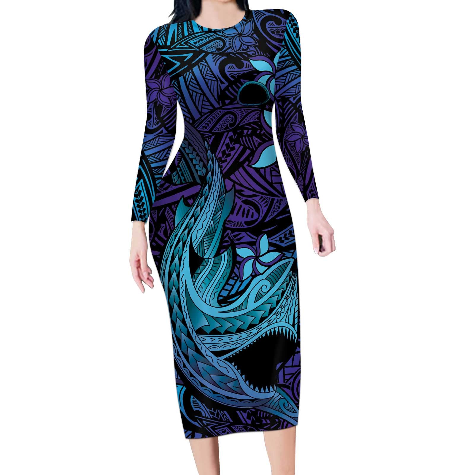 Nukuoro Atoll Long Sleeve Bodycon Dress Polynesian Shark Tattoo Purple Gradient Vibes