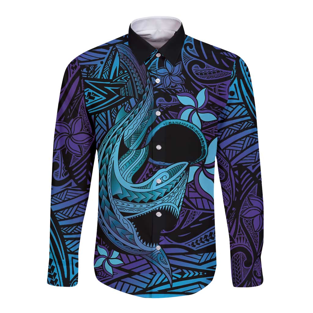 Nukuoro Atoll Long Sleeve Button Shirt Polynesian Shark Tattoo Purple Gradient Vibes