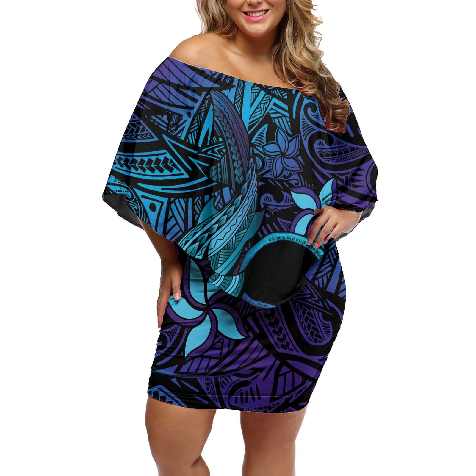 Nukuoro Atoll Off Shoulder Short Dress Polynesian Shark Tattoo Purple Gradient Vibes LT14 Women Purple - Polynesian Pride