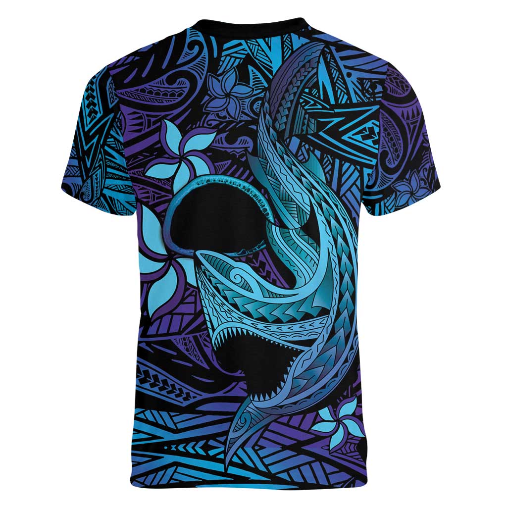 Nukuoro Atoll Women V-Neck T-Shirt Polynesian Shark Tattoo Purple Gradient Vibes