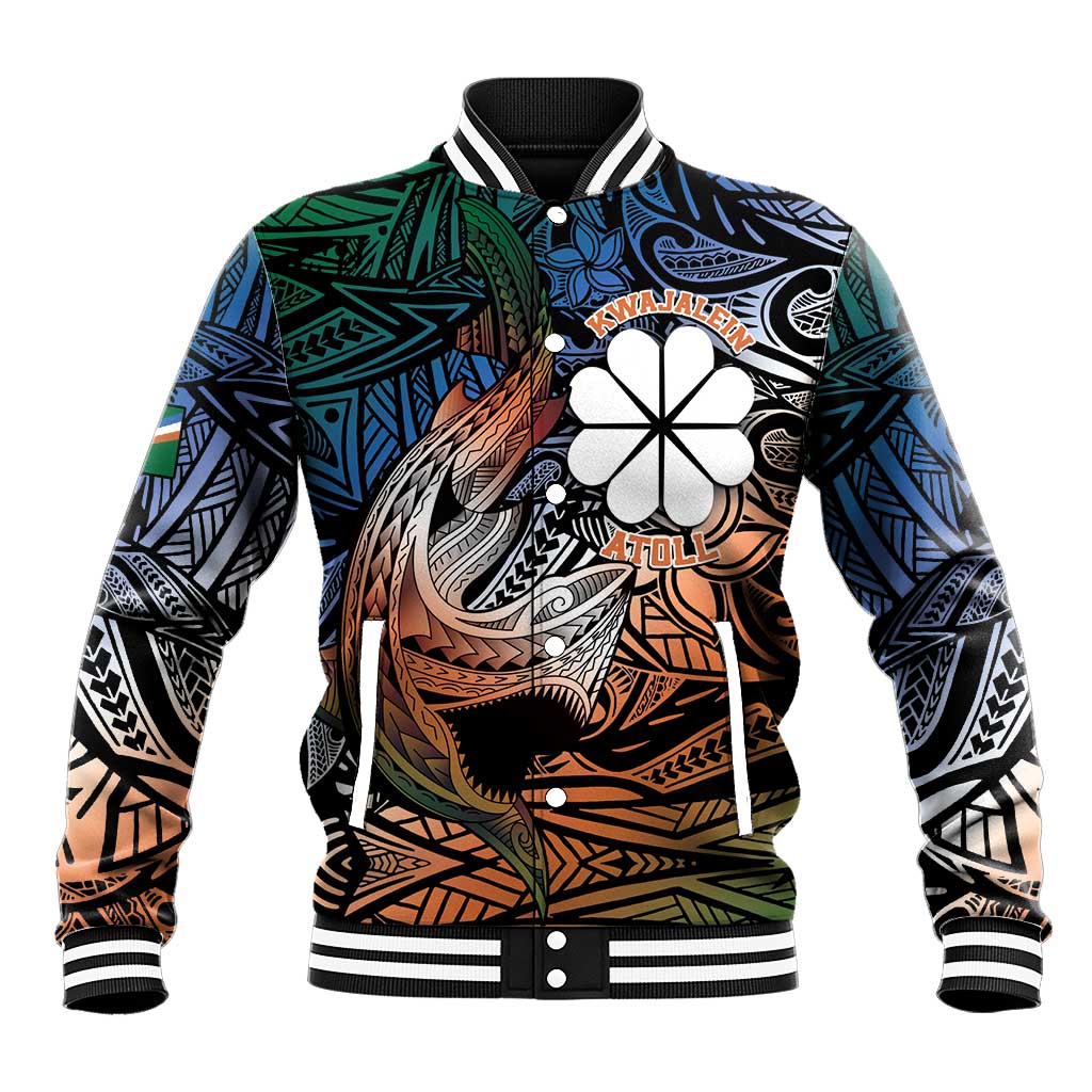 Personalised Kwajalein Atoll Baseball Jacket Polynesian Shark Tattoo Gradient Vibes LT14 Unisex Black - Polynesian Pride