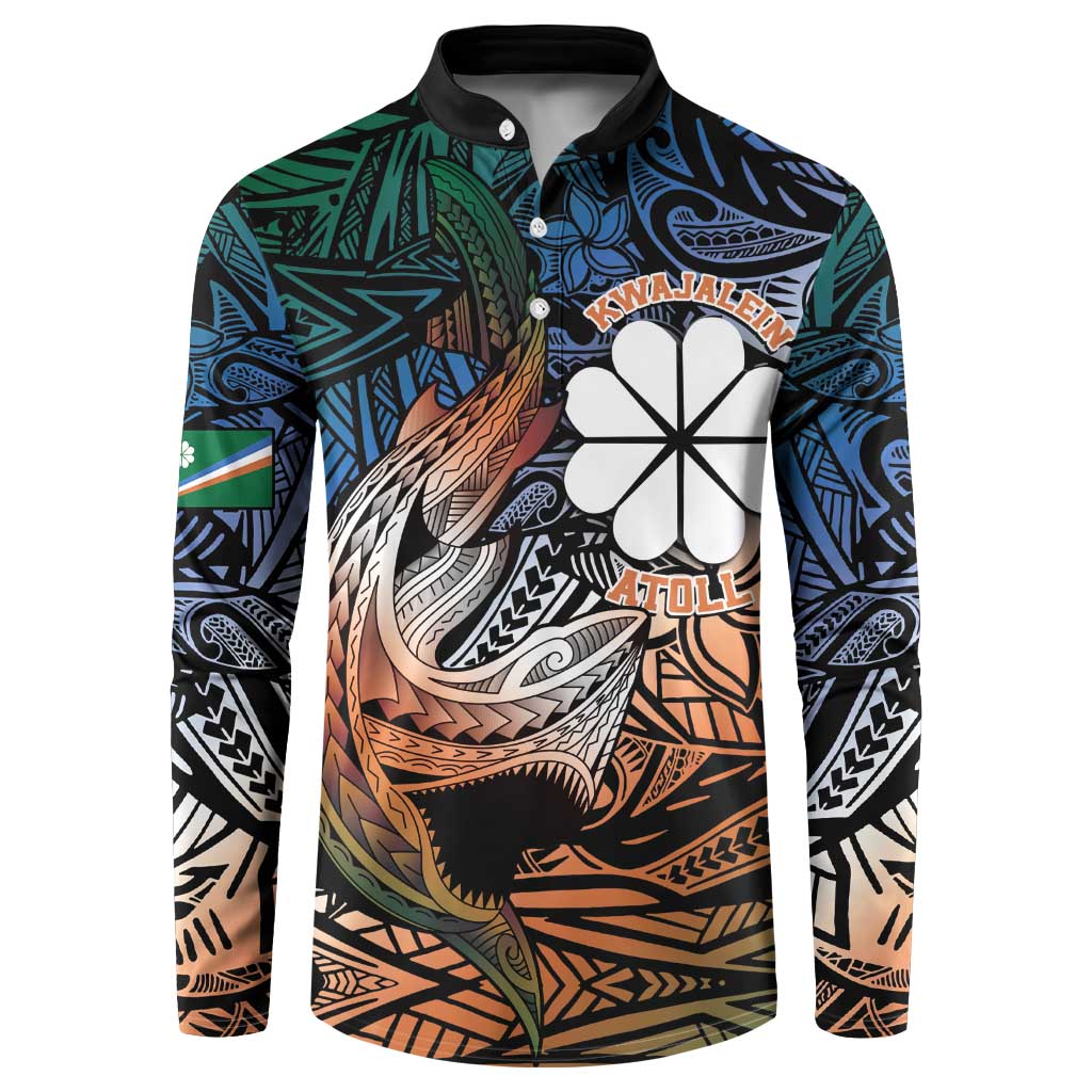 Personalised Kwajalein Atoll Button Sweatshirt Polynesian Shark Tattoo Gradient Vibes LT14 Black - Polynesian Pride