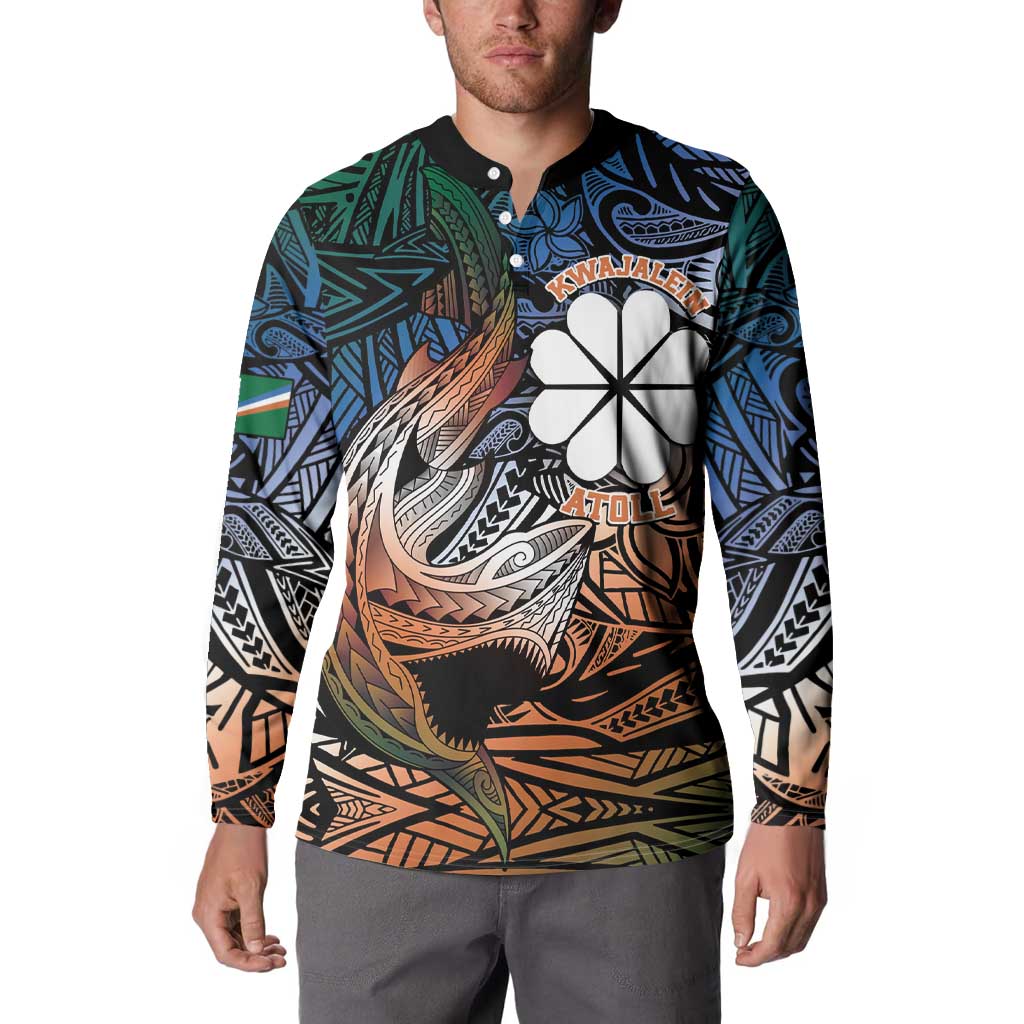 Personalised Kwajalein Atoll Button Sweatshirt Polynesian Shark Tattoo Gradient Vibes LT14 - Polynesian Pride