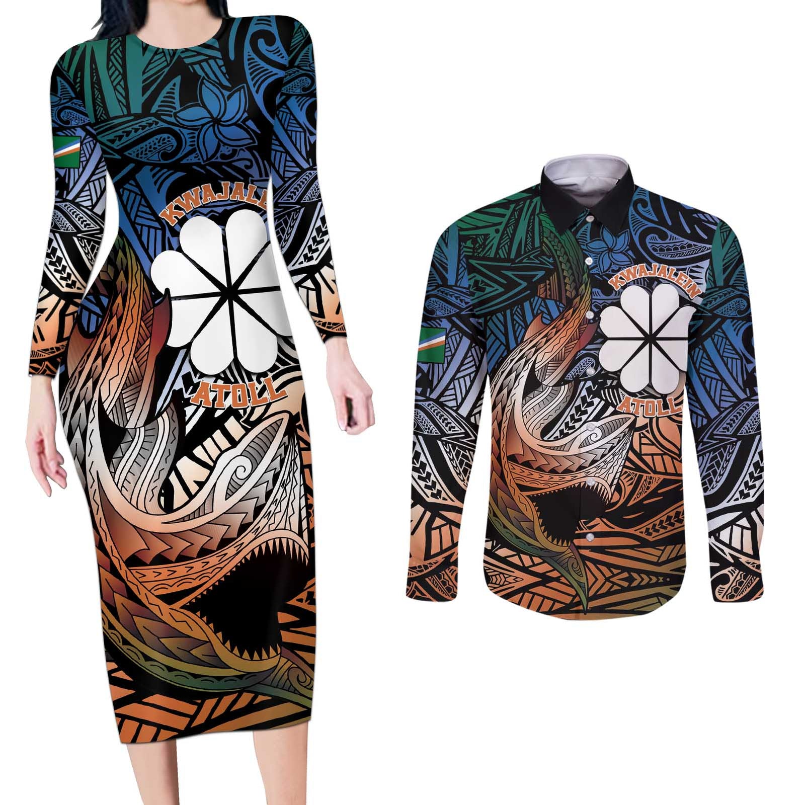 Personalised Kwajalein Atoll Couples Matching Long Sleeve Bodycon Dress and Long Sleeve Button Shirt Polynesian Shark Tattoo Gradient Vibes LT14 Black - Polynesian Pride