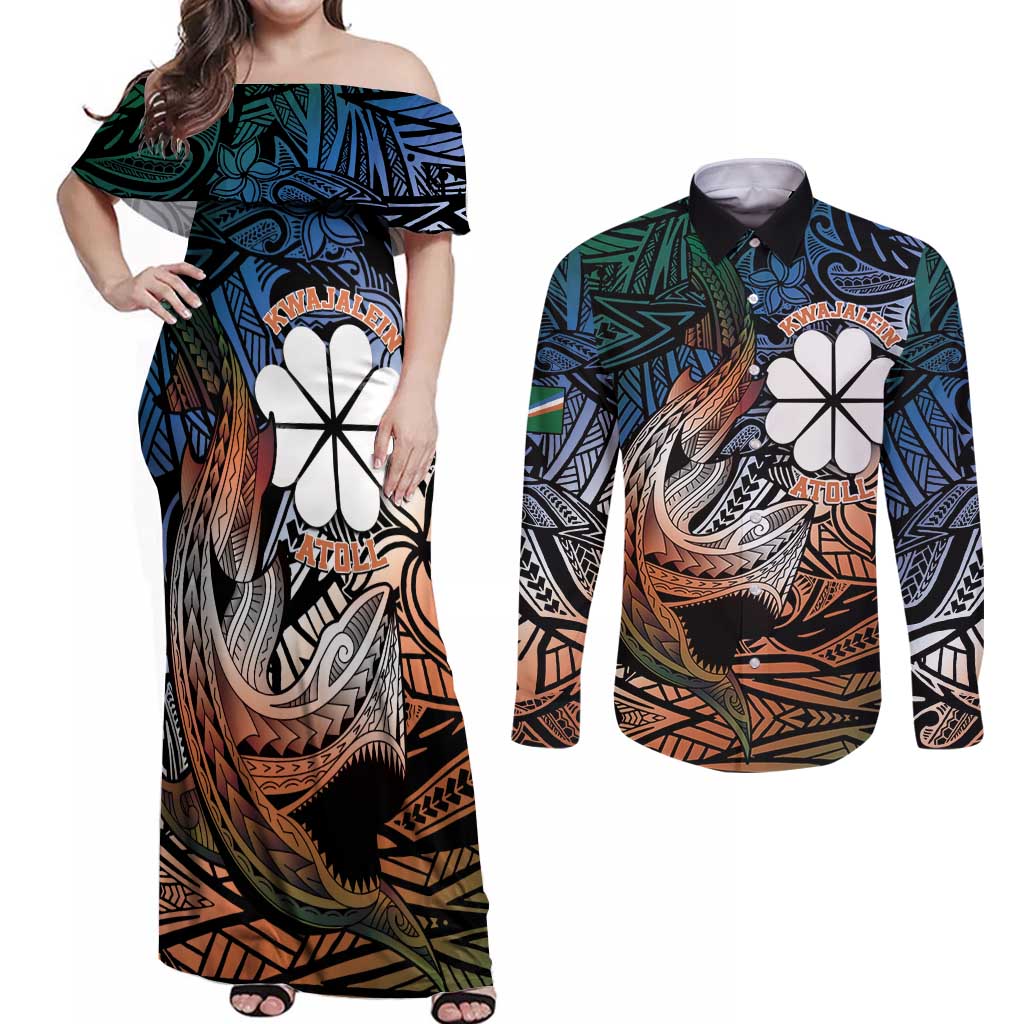 Personalised Kwajalein Atoll Couples Matching Off Shoulder Maxi Dress and Long Sleeve Button Shirt Polynesian Shark Tattoo Gradient Vibes LT14 Black - Polynesian Pride