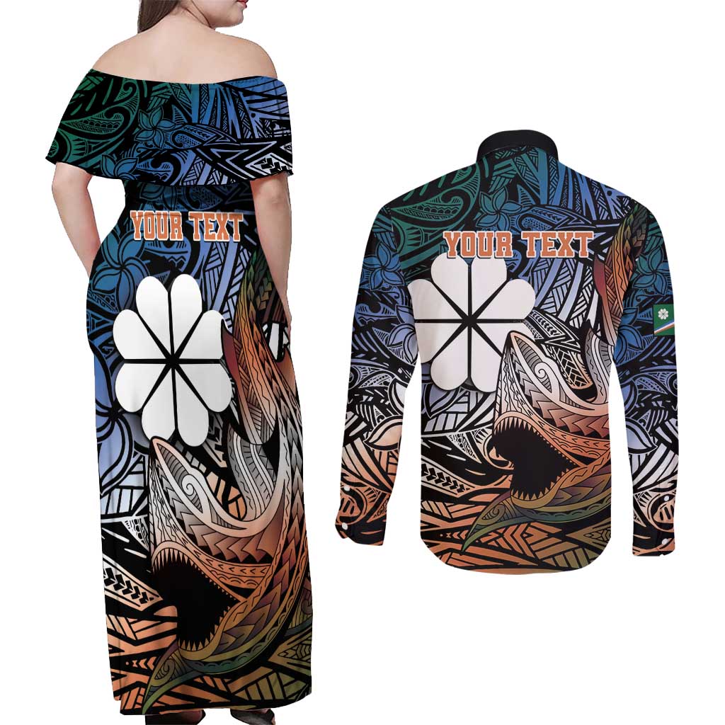 Personalised Kwajalein Atoll Couples Matching Off Shoulder Maxi Dress and Long Sleeve Button Shirt Polynesian Shark Tattoo Gradient Vibes LT14 - Polynesian Pride