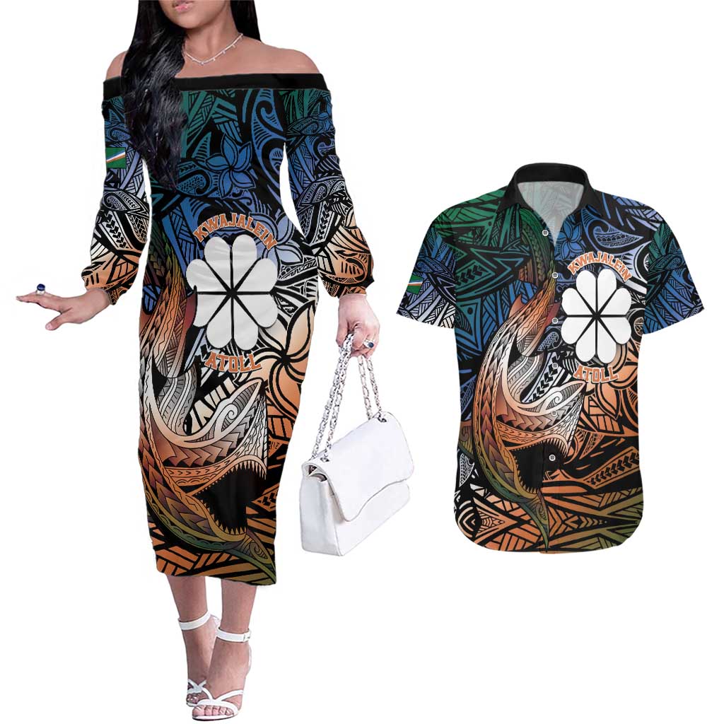 Personalised Kwajalein Atoll Couples Matching Off The Shoulder Long Sleeve Dress and Hawaiian Shirt Polynesian Shark Tattoo Gradient Vibes LT14 Black - Polynesian Pride