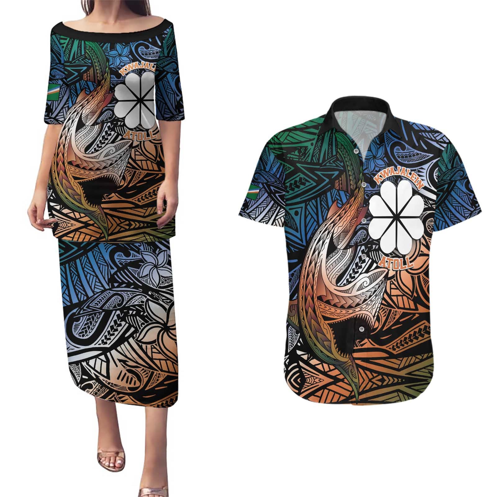Personalised Kwajalein Atoll Couples Matching Puletasi and Hawaiian Shirt Polynesian Shark Tattoo Gradient Vibes LT14 Black - Polynesian Pride