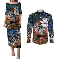 Personalised Kwajalein Atoll Couples Matching Puletasi and Long Sleeve Button Shirt Polynesian Shark Tattoo Gradient Vibes LT14 Black - Polynesian Pride