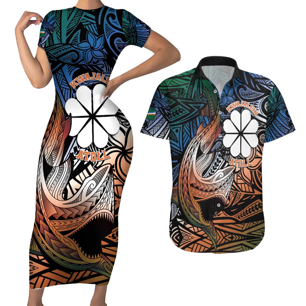 Personalised Kwajalein Atoll Couples Matching Short Sleeve Bodycon Dress and Hawaiian Shirt Polynesian Shark Tattoo Gradient Vibes