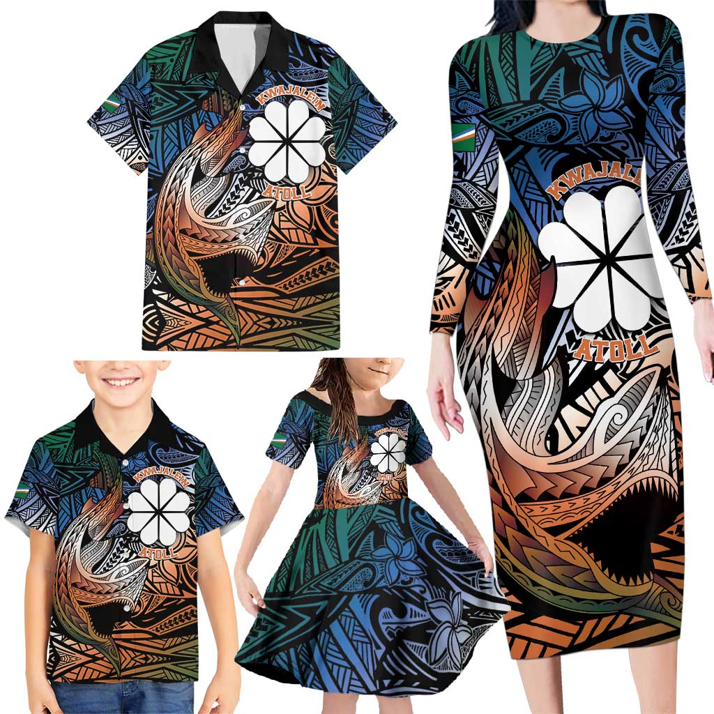 Personalised Kwajalein Atoll Family Matching Long Sleeve Bodycon Dress and Hawaiian Shirt Polynesian Shark Tattoo Gradient Vibes LT14 - Polynesian Pride