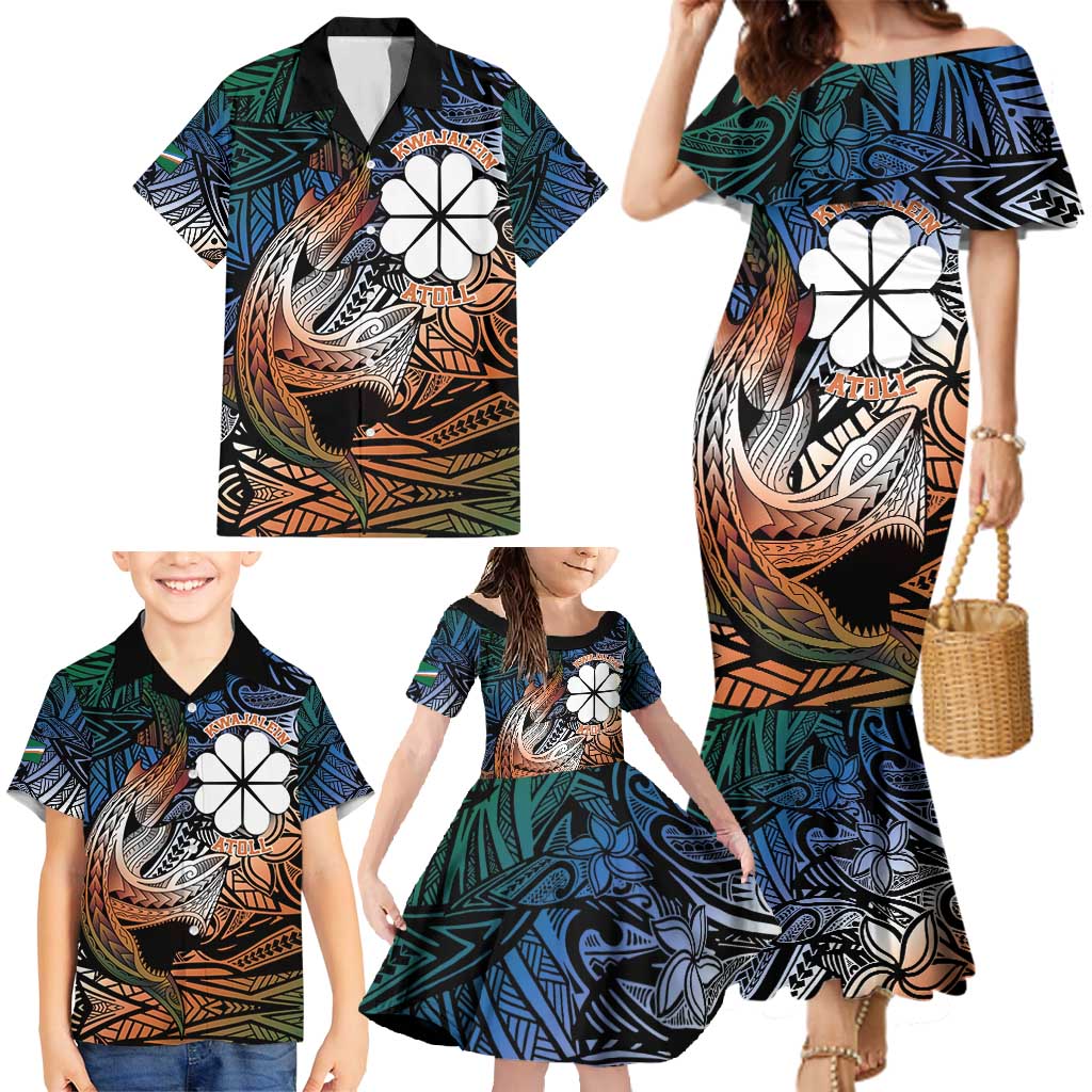 Personalised Kwajalein Atoll Family Matching Mermaid Dress and Hawaiian Shirt Polynesian Shark Tattoo Gradient Vibes