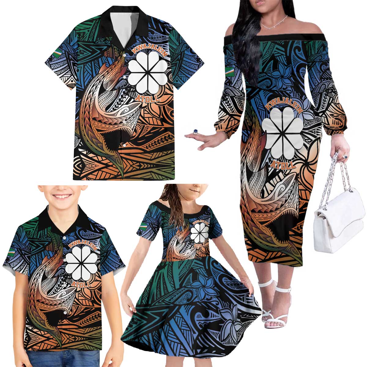 Personalised Kwajalein Atoll Family Matching Off The Shoulder Long Sleeve Dress and Hawaiian Shirt Polynesian Shark Tattoo Gradient Vibes