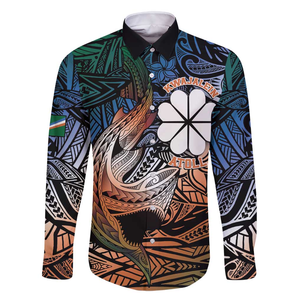 Personalised Kwajalein Atoll Family Matching Off Shoulder Maxi Dress and Hawaiian Shirt Polynesian Shark Tattoo Gradient Vibes LT14 Dad's Shirt - Long Sleeve Black - Polynesian Pride