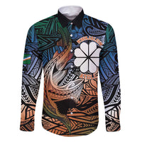 Personalised Kwajalein Atoll Family Matching Off Shoulder Maxi Dress and Hawaiian Shirt Polynesian Shark Tattoo Gradient Vibes LT14 Dad's Shirt - Long Sleeve Black - Polynesian Pride
