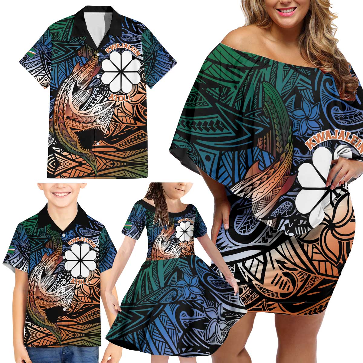 Personalised Kwajalein Atoll Family Matching Off Shoulder Short Dress and Hawaiian Shirt Polynesian Shark Tattoo Gradient Vibes LT14 - Polynesian Pride