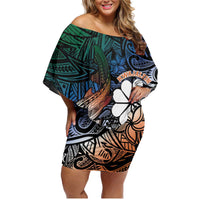 Personalised Kwajalein Atoll Family Matching Off Shoulder Short Dress and Hawaiian Shirt Polynesian Shark Tattoo Gradient Vibes