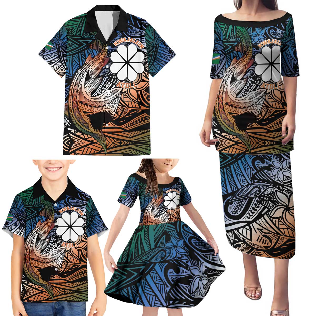 Personalised Kwajalein Atoll Family Matching Puletasi and Hawaiian Shirt Polynesian Shark Tattoo Gradient Vibes LT14 - Polynesian Pride