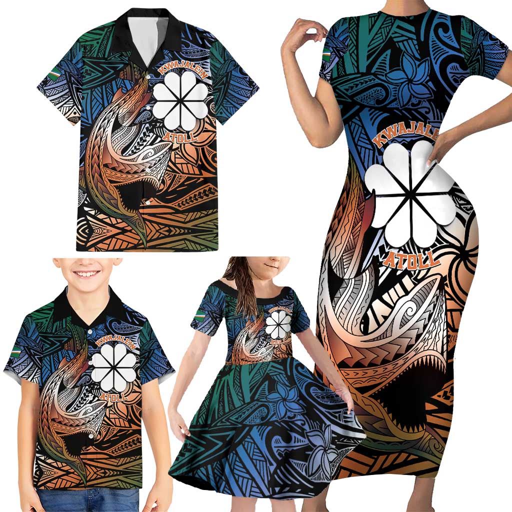 Personalised Kwajalein Atoll Family Matching Short Sleeve Bodycon Dress and Hawaiian Shirt Polynesian Shark Tattoo Gradient Vibes