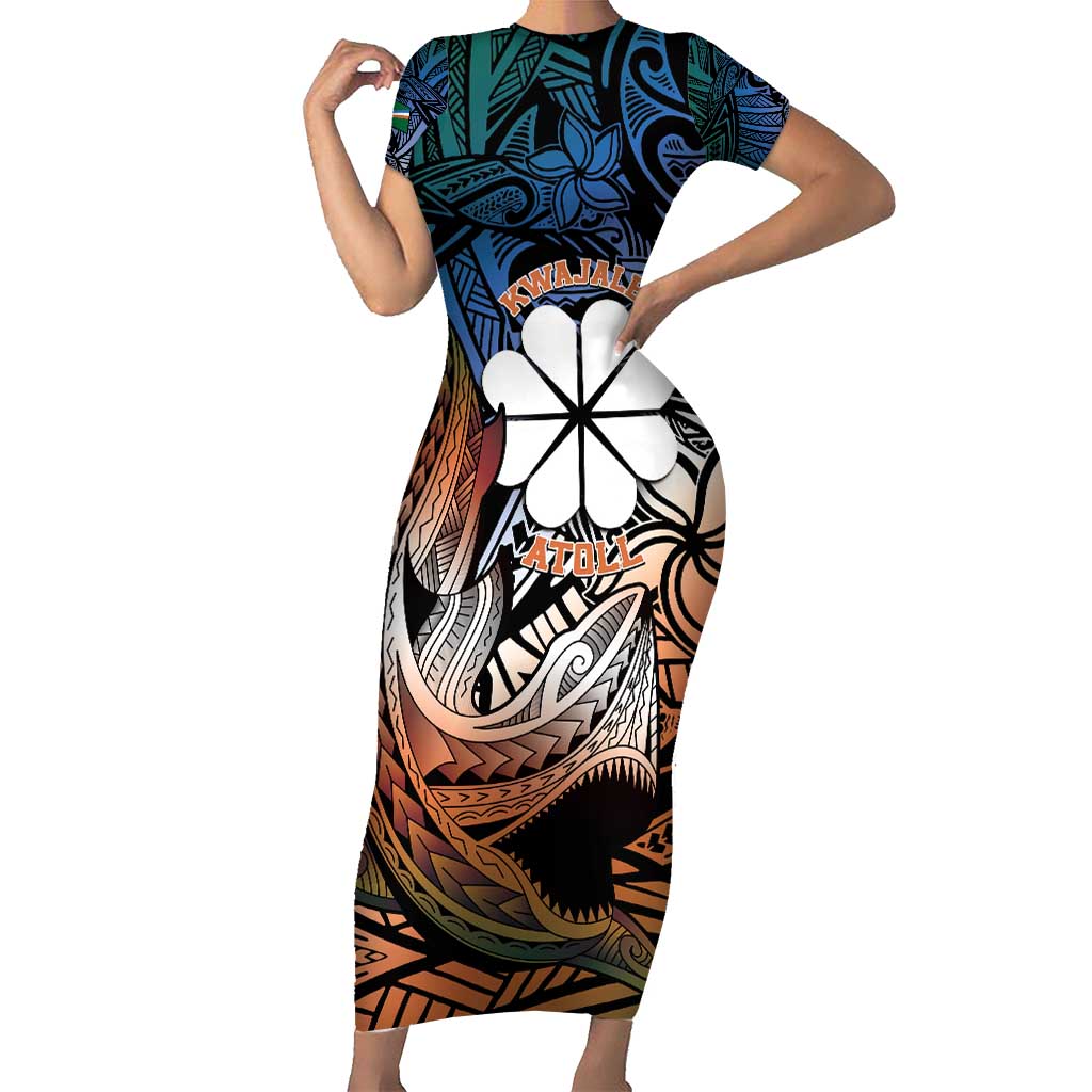 Personalised Kwajalein Atoll Family Matching Short Sleeve Bodycon Dress and Hawaiian Shirt Polynesian Shark Tattoo Gradient Vibes