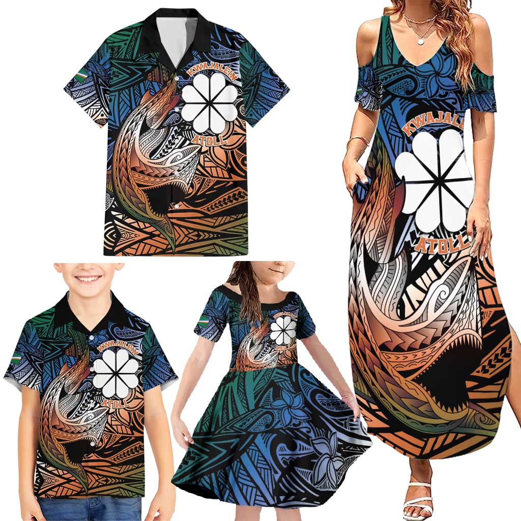 Personalised Kwajalein Atoll Family Matching Summer Maxi Dress and Hawaiian Shirt Polynesian Shark Tattoo Gradient Vibes