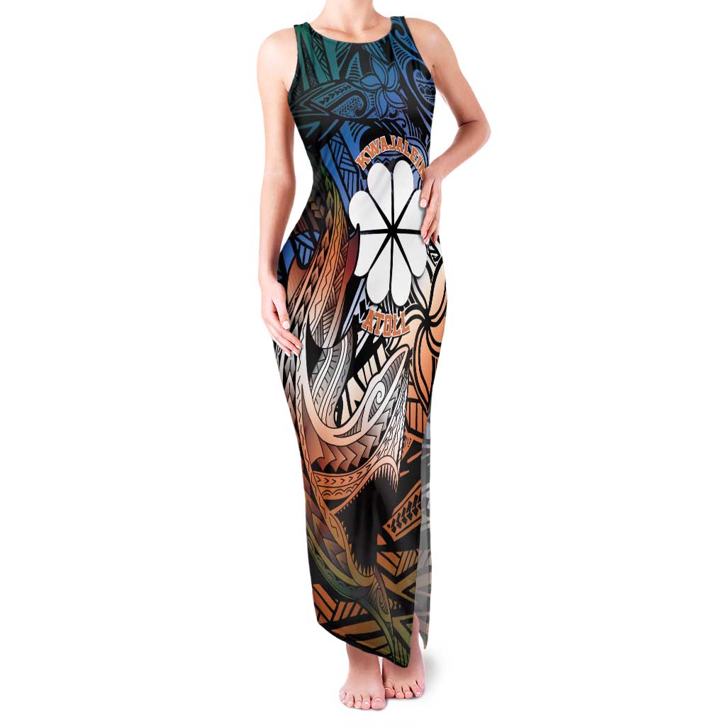 Personalised Kwajalein Atoll Family Matching Tank Maxi Dress and Hawaiian Shirt Polynesian Shark Tattoo Gradient Vibes