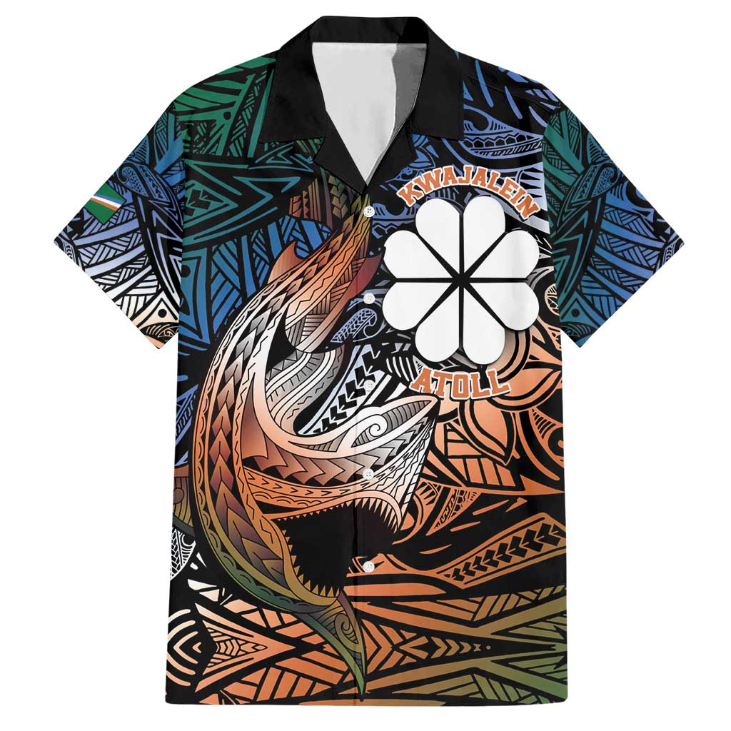 Personalised Kwajalein Atoll Hawaiian Shirt Polynesian Shark Tattoo Gradient Vibes LT14 Black - Polynesian Pride