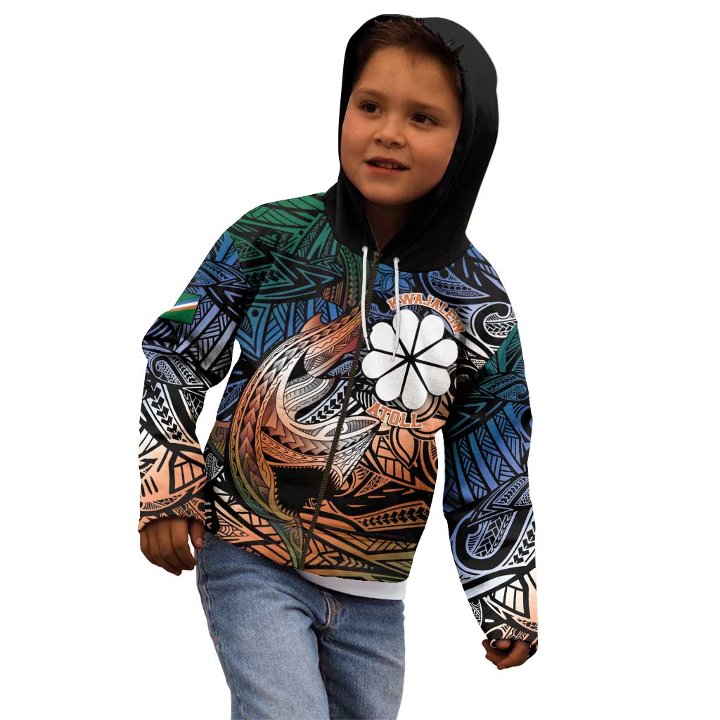 Personalised Kwajalein Atoll Kid Hoodie Polynesian Shark Tattoo Gradient Vibes